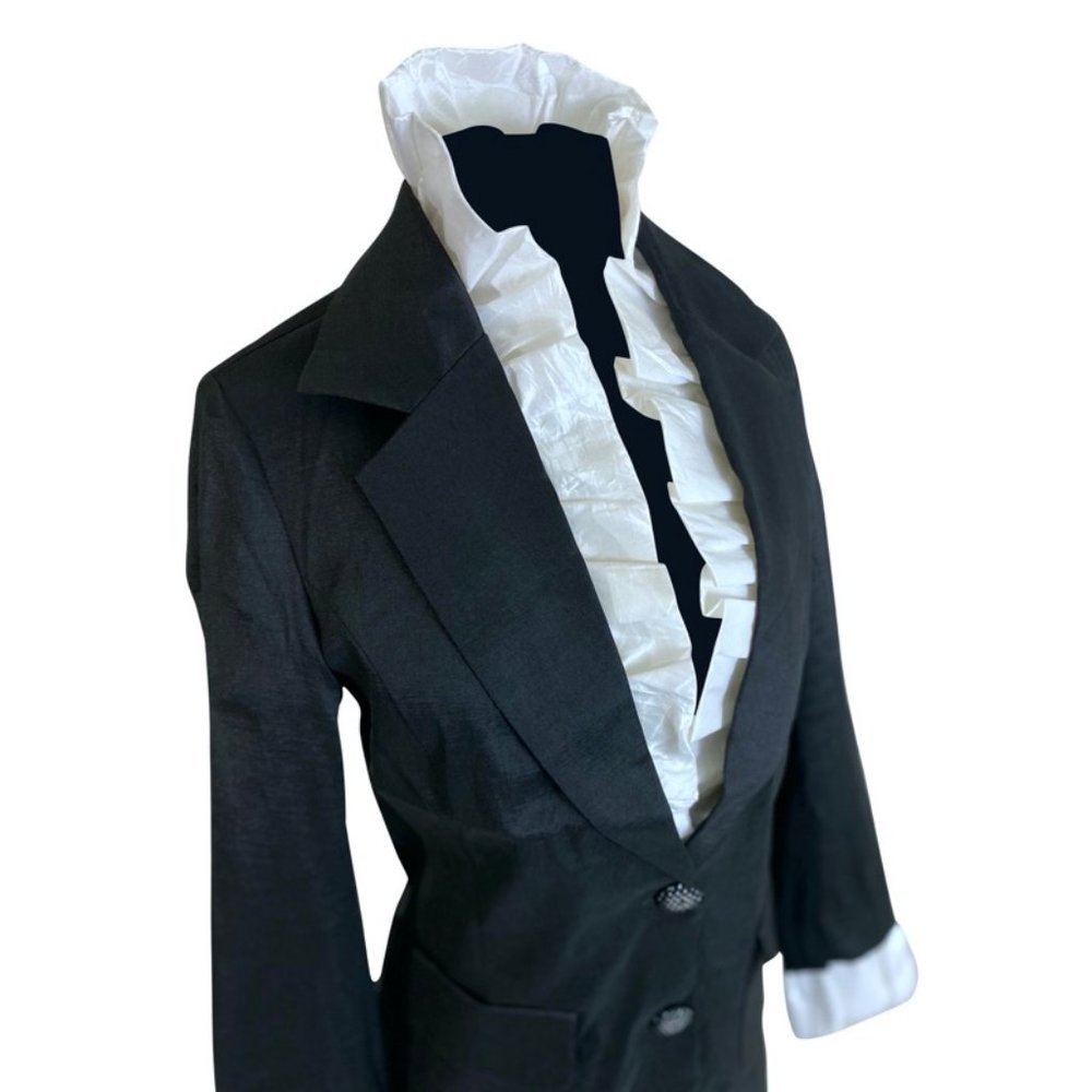Black Blazer Jacket White Ruffle Collar Cuffs NWT